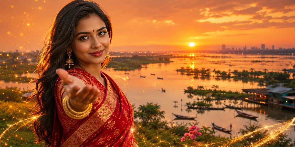 A scene at Tanguar Haor featuring a saree, mobile payment, and a balanced way of life